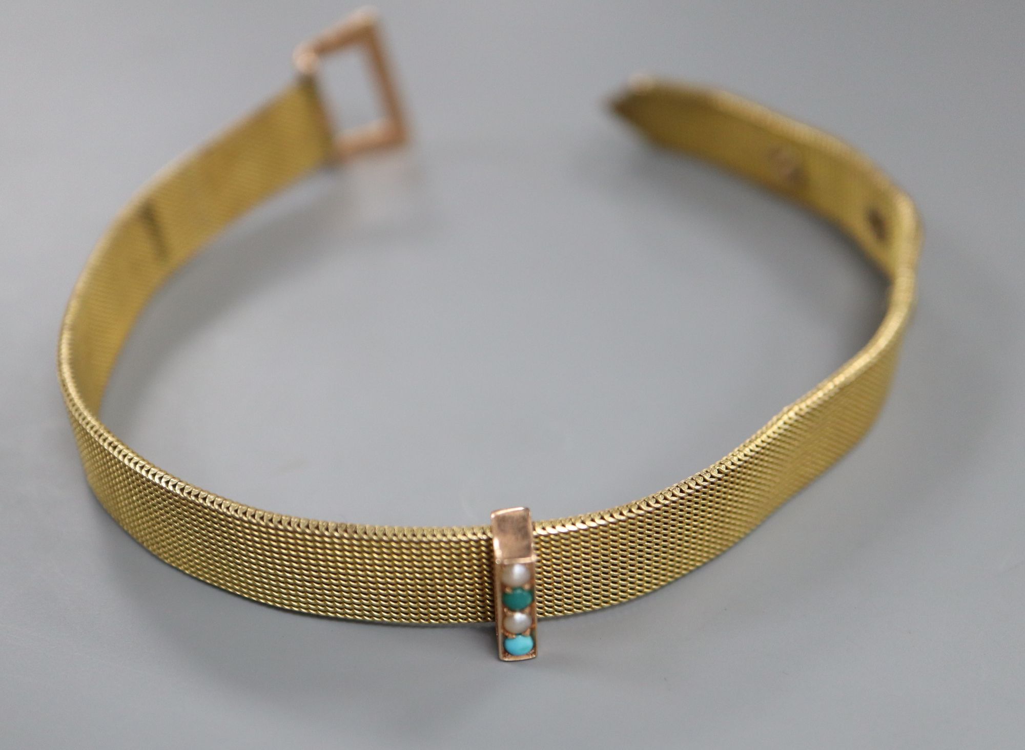 A yellow metal mounted turquoise and seed pearl set mesh link bracelet, overall 22.5cm, gross 20 grams.